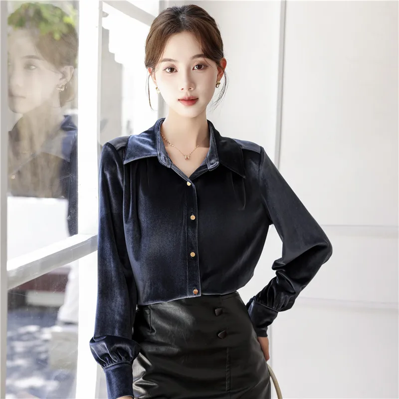 Camicia in velluto blu navy da donna 2025 Camicetta francese elegante a maniche lunghe per stratificazione Camicia da ufficio basic autunno inverno