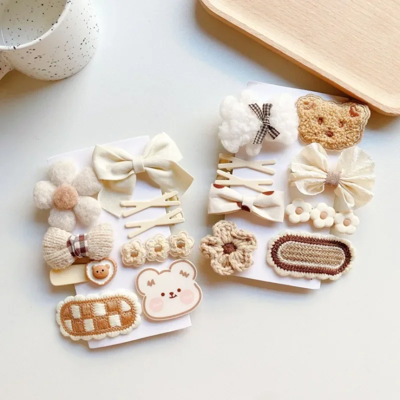 9pcs/set Plush Cute Cartoon Kids Girl Hair Clip Sweet Chic Beige Coffee Color Children\'s Hair Pin Little Girl Har Accessories