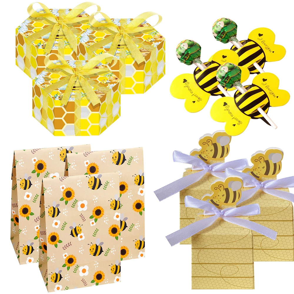 1set Bee Candy Boxes Carton Lollipop Cards for Baby Shower Kids Birthday Party DIY Cookies Package Bags Decoration Supplies