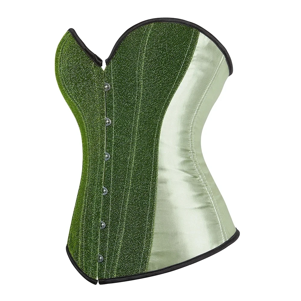 Glitter Green Corset Top Sexy Women Bustiers Satin Sequin Overbust Corset Retro Boned Lace up Tight Fitting Waist Shaping Corset