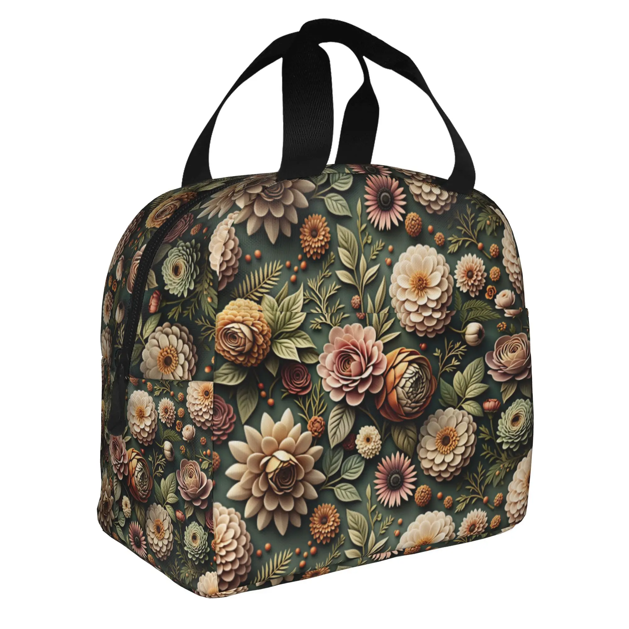 Luxury High 3D Floral Insulated Lunch Bag for Women Waterproof Fashion Trend 3D Flowers Cooler Thermal Lunch Tote School
