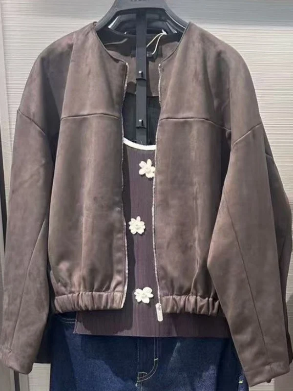 

Casual Loose round Ne Faux Suede Effect Zipper Long Sve Jaet Women's 2025 Autumn New Sle Polyester Fiber ort Coat