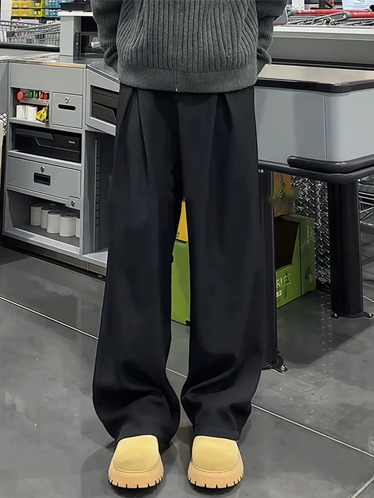 

Bla A-Line Pleated Flared Men's Winter High-End Fce Lined Wide Leg Pants Straight Cut Casual Trousers American Sle