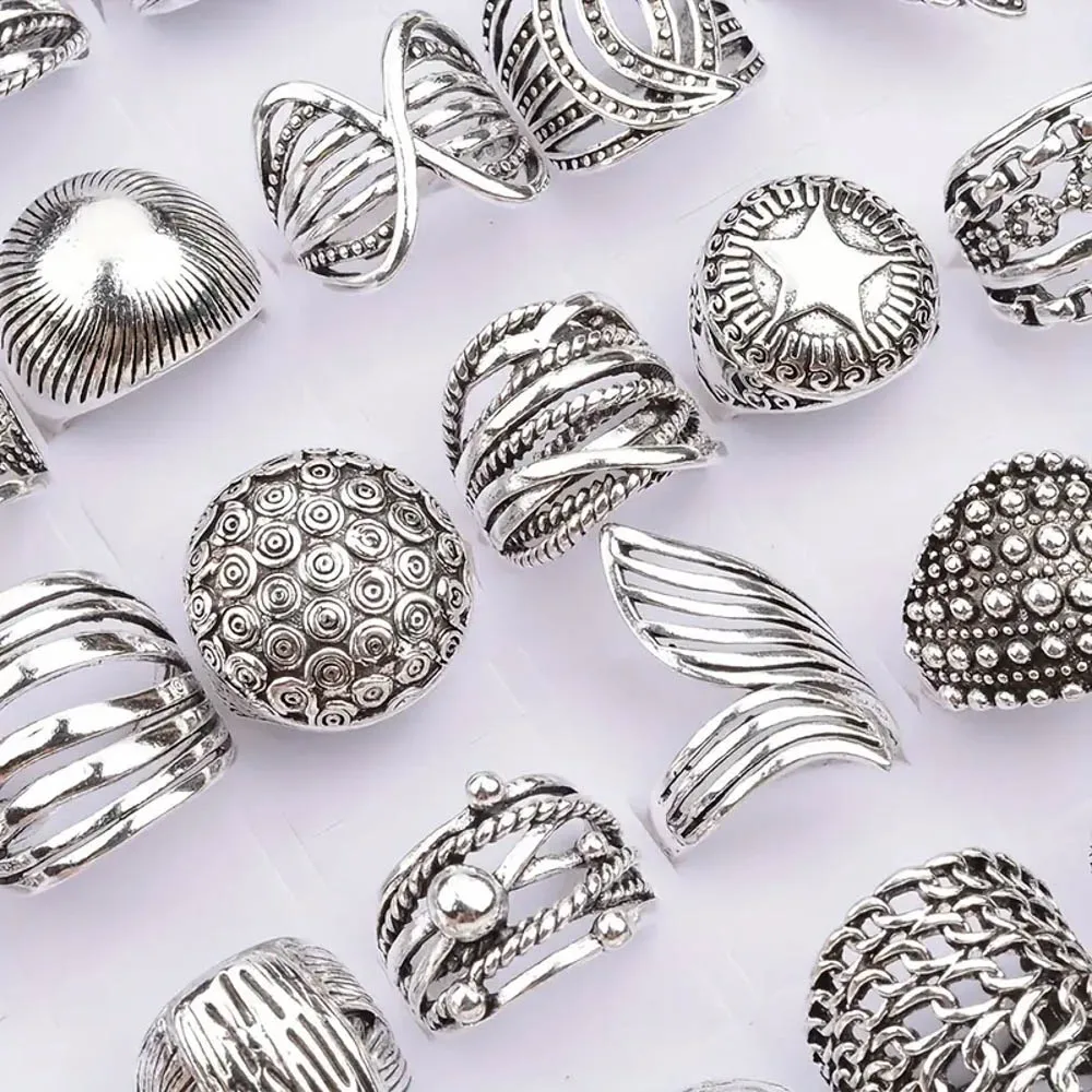 10/20 قطعة/الوحدة الموضة الكلاسيكية خمر سحر متعدد الألوان هندسية منحوتة زهرة خواتم للنساء الرجال مزيج نمط مجوهرات هدايا الحفلات #5