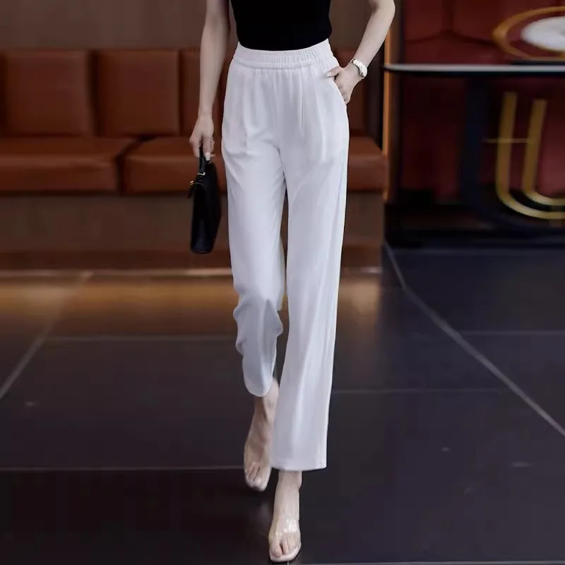 

White Pants for Women Summer Thin Nine-point Wide-leg Pants Versatile Draped Casual Straight-leg Women's Pants