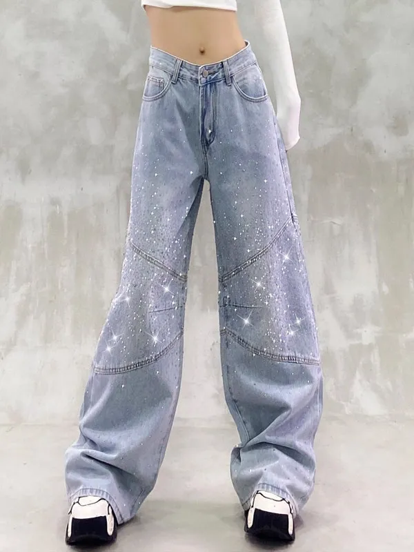 Shiny Hot Diamonds Patchwork Women Denim Pants New Spring Autumn All-match High Waist Floor-length Wide Leg Straight Jeans Blue