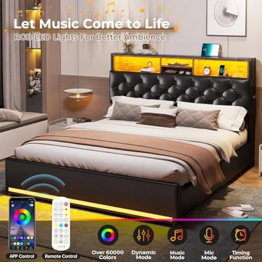 Queen Size Bed Frame with 3-Level Headboard, Storage and Upholstered LED Lighting, 4-Drawer Charging Station Included