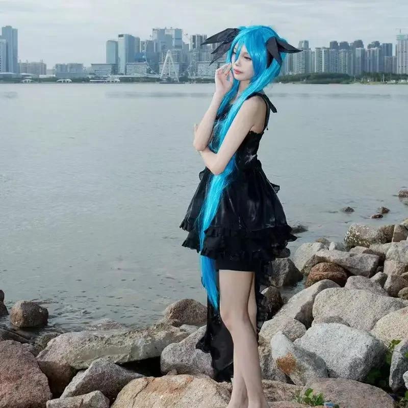 Miku تأثيري حلي فتاة البحر العميق موضة فستان أسود مجموعة أغطية الرأس لوليتا فستان المرأة 2025 هالوين ملابس الحفلات الخيال
