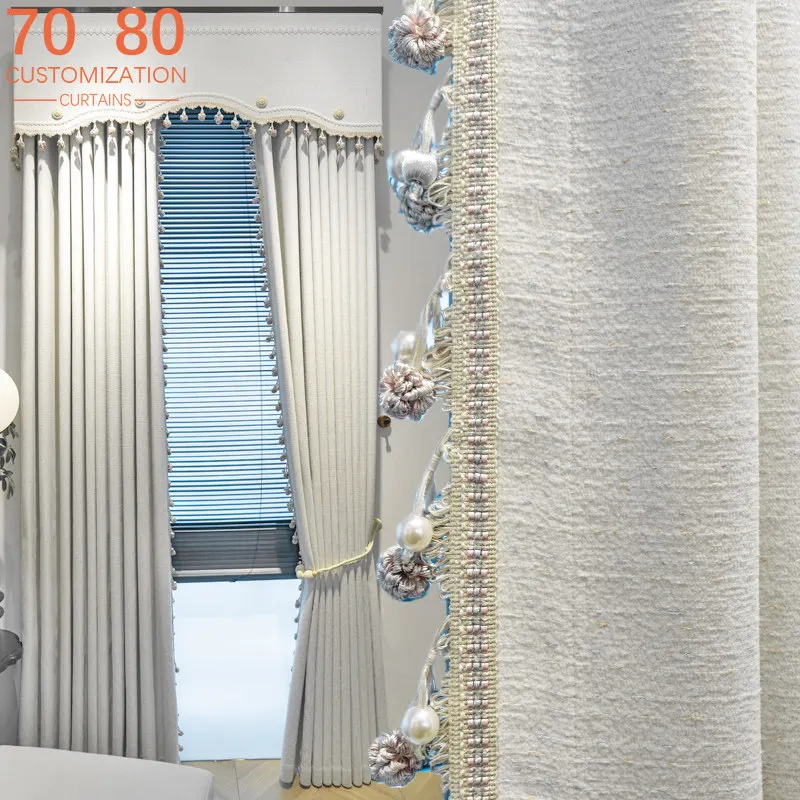 New High-end Cream Cotton Linen Lace Splicing Thickened Curtains for Living Room Bedroom French Window Customized Products