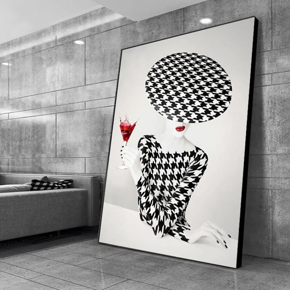 Fashion Woman Drinking Cocktail Poster Prints For Living Room Home Decor Modern Houndstooth Dress Girl Canvas Painting Wall Art