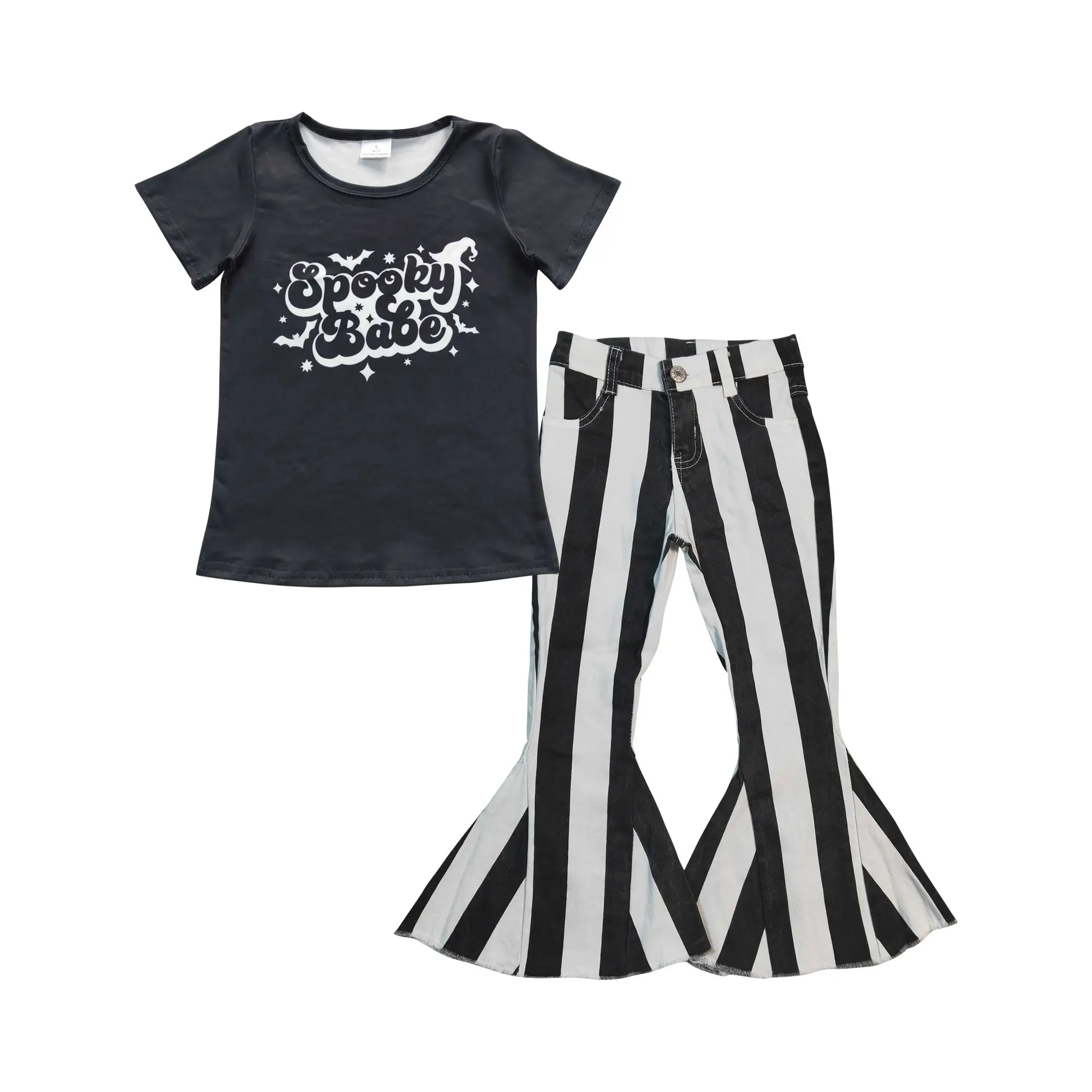 

Wholesale Halloween Jeans Set Children Toddler Short Sleeves Horror Shirt Black White Striped Denim Bell Pants Kid Infant Outfit