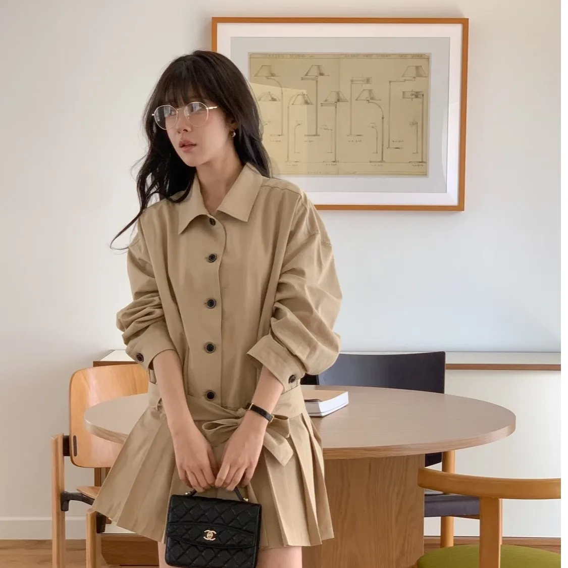 2026 New Chic Korean Style Midi Length Single Buttoned Pleated Windbreaker Versatile Fashionable Women's Autumn Coat