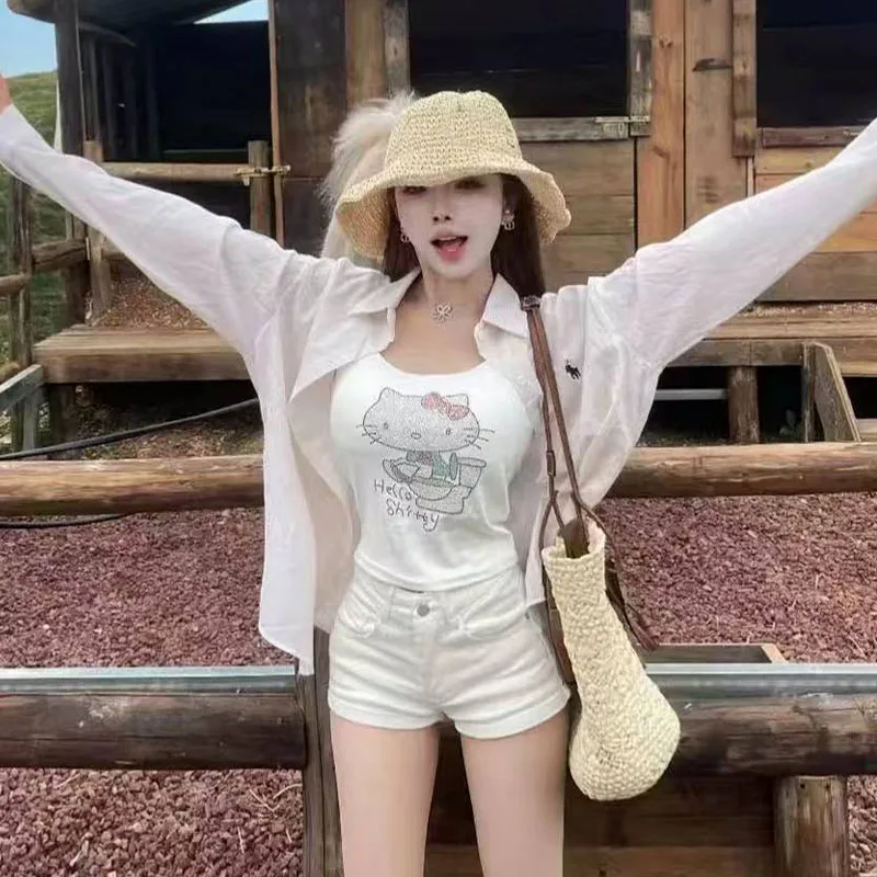 مرحبا كيتي سانريو Y2K تانك القمم المرأة بلا أكمام المحاصيل الأعلى مثير مع الماس فتاة لطيف عادية خمر الدبابات كاميس مع الصدرية هدية