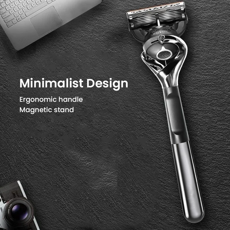 ماكينة حلاقة يدوية للرجال من الفولاذ المقاوم للصدأ، مقبض ماكينة حلاقة مغناطيسي اختياري، شفرات ماكينة حلاقة بخمس طبقات للجسم بالكامل
