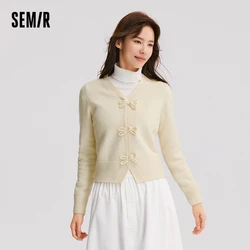 Semir Knitted Cardigan Women Bowknot and Plate Buckle Sweet 2024 New Winter Gentle V-Neck Top Girly