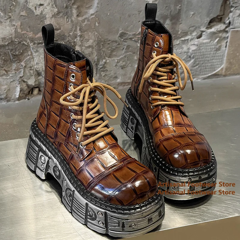 

Brown Crocodile-Patterned Platform Boots Metal Decor Motorcycle Boots Punk Style Side Zipper High Top New In Men's Boots