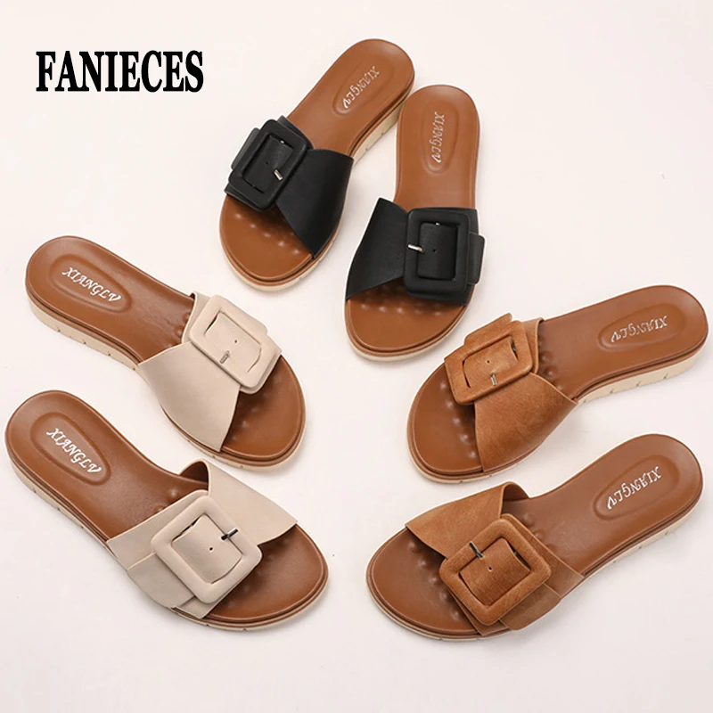 

Fashion Designer Women Slippers Summer Comfort Low Heel Slides Shoes Buckle Outdoor Beach Open Toe Sandals Slides мюли женские
