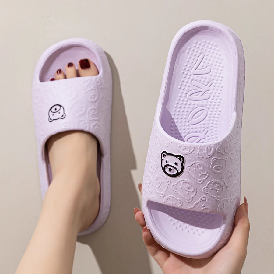 Summer Women\'s Slippers Home Cute Bear Thick Sole Non-slip Slides Bathroom Indoor Outdoor Men Fashion Cool Beach Shoes Couple