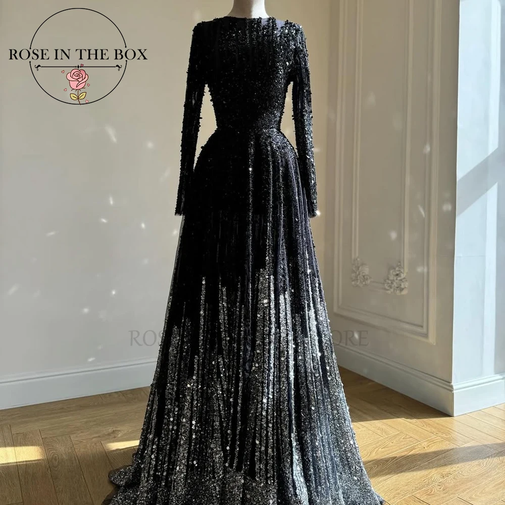 

ROSEINTHEBOX Glamorous Black Sequined Long - Sleeve Evening Dress 2025 Stunning A-line Beaded Elegant Party Dresses Customized