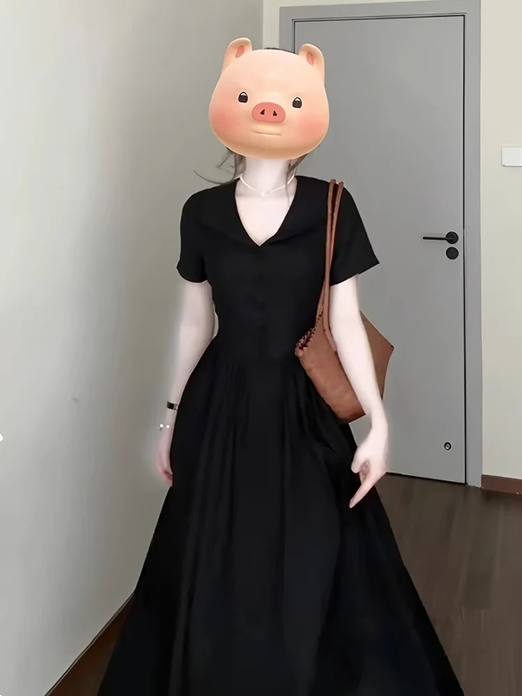 

Retro Black V-Neck Short Sleeve Dress Women's Fashionable Versatile A-Line Midi Skirt High Waist Commute Korean Style Summer ...
