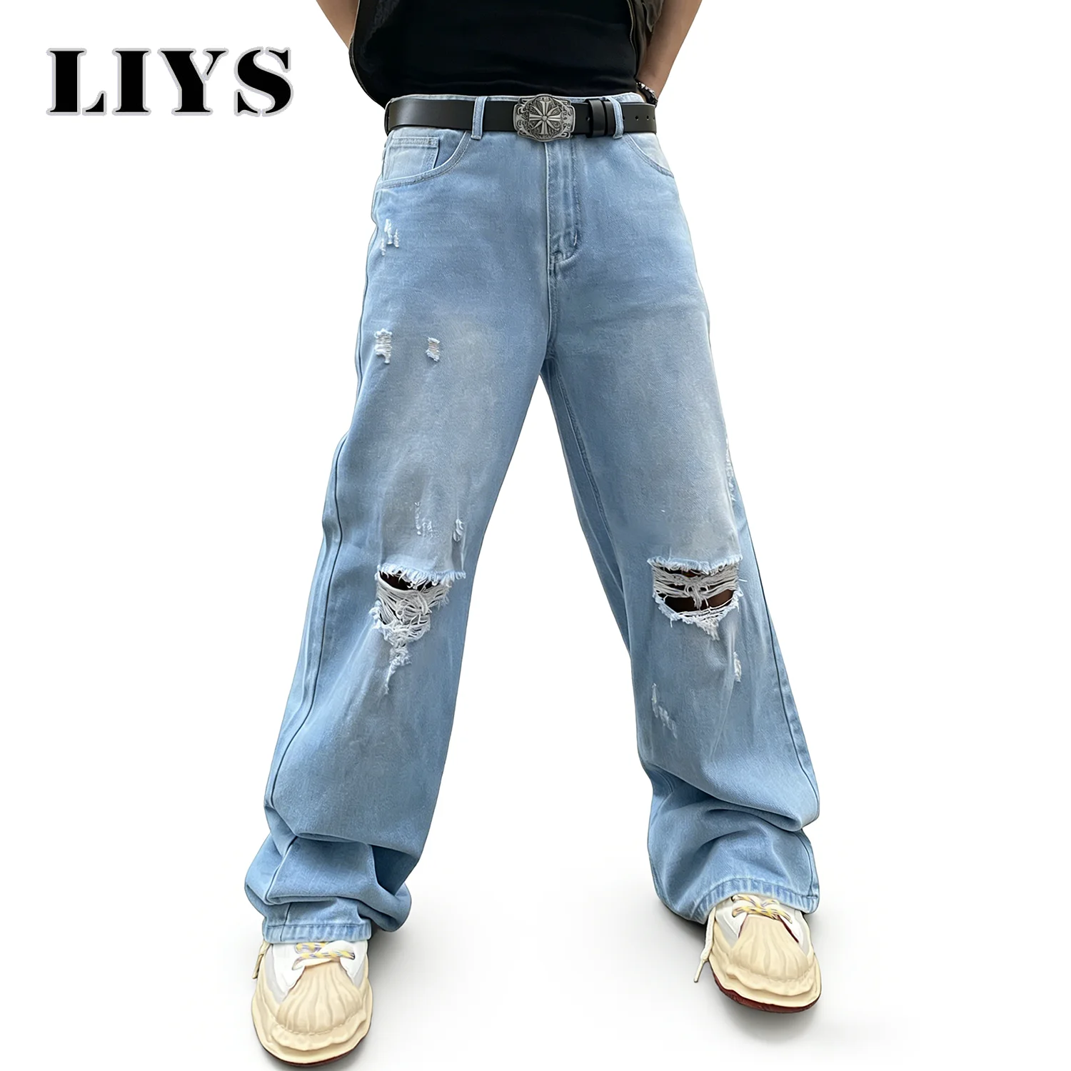 Calças Jeans Baggy de Perna Larga em Azul Claro Estilo Americano Retro para Homens e Mulheres Unissex, Roupas de Rua Primavera Verão, Jeans Rasgado