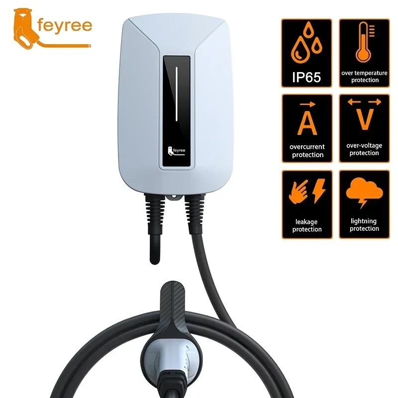 feyree EV Charger Type2 Cable EVSE Wallbox 32A 7KW IEC62196-2 Socket 1Phase 5m Cable Wallmount Charging Station for Electric Car