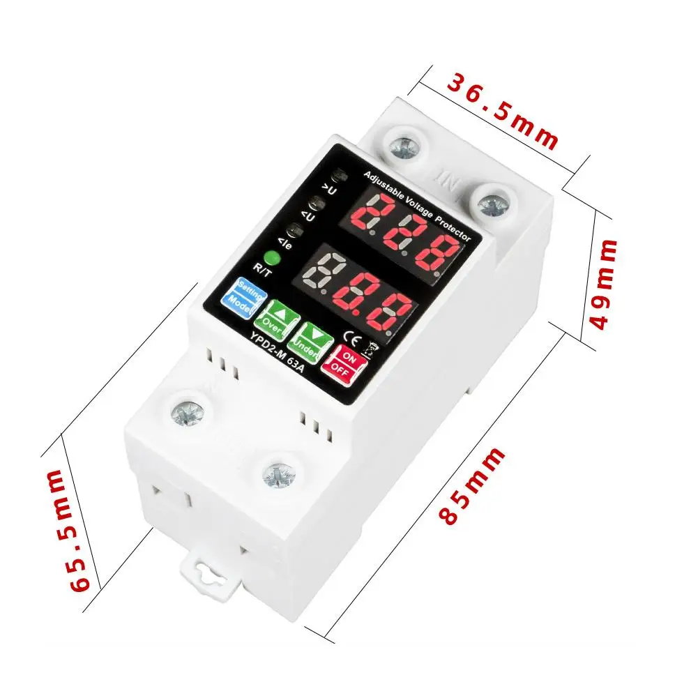 63A Dual Screen Voltage Protector Auto For Reset Adjustable Overvoltage Undervoltage Switch For Home Commercial Electrical Safet