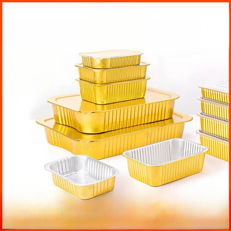 Thickened Gold Rectangular Aluminum Foil Box Takeaway Packaging Box with Soup Sealed Insulation Tin Paper Box for Delivery