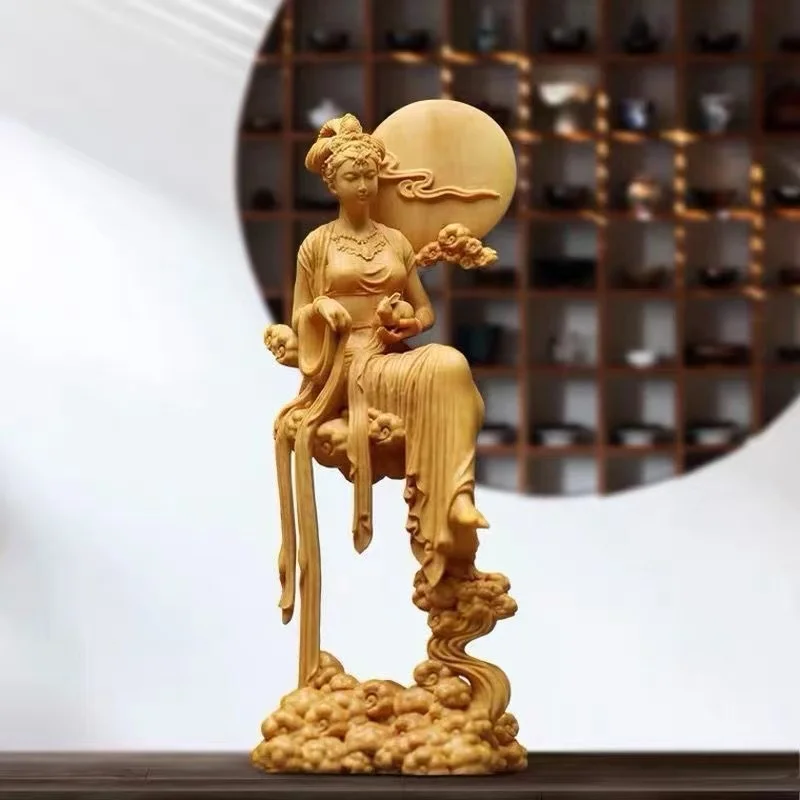 

Natural Solid Wood Chang'e Fairy Characters Statue, Hand-carved Mythology Jade Rabbit Lmmortal HomeRoomOffice Decoration Artwork