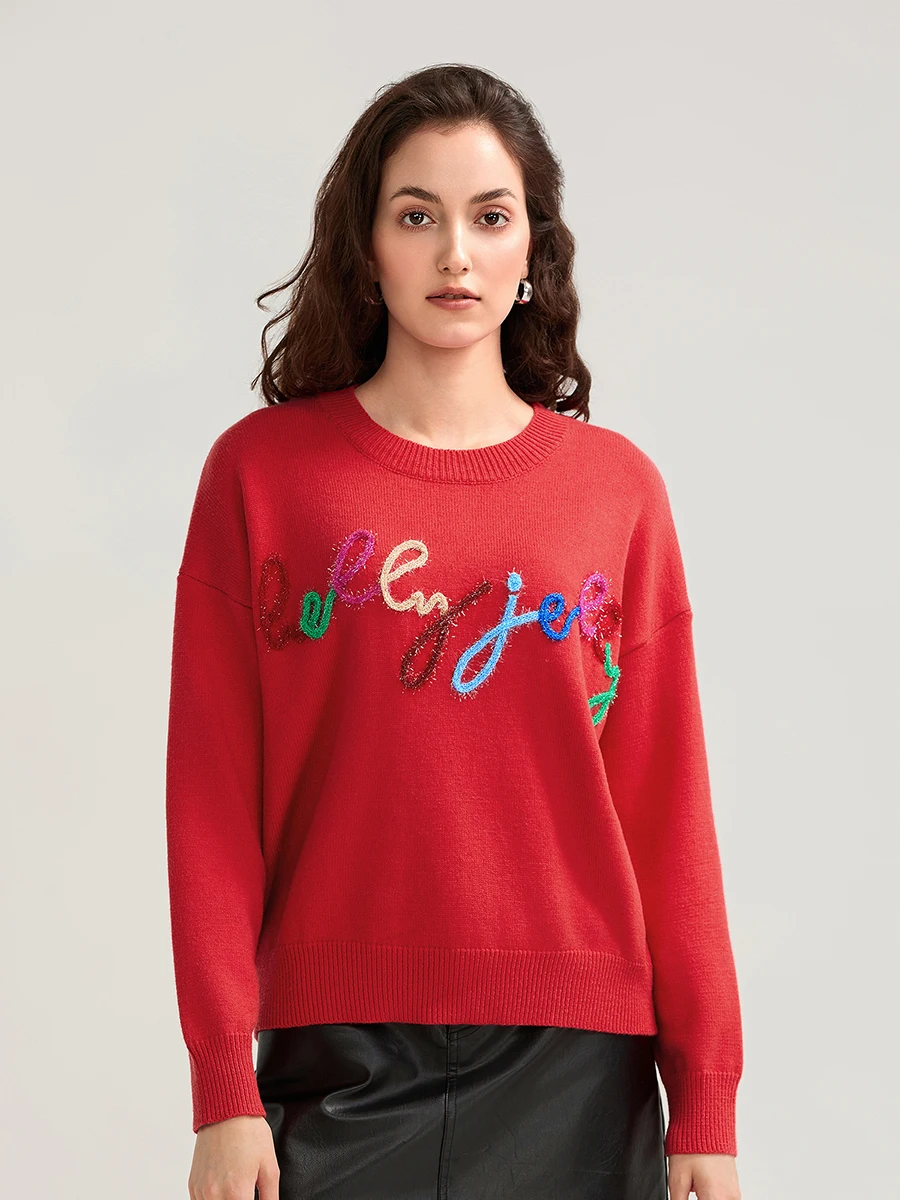 Maglione ampio autunnale da donna Tinsel Letter Applique Manica lunga Girocollo Maglieria Pullover