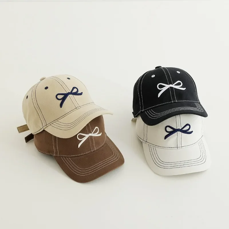 Cute Fashion Baseball Cap for Kids Solid Color Sweet Korean Bow Children Peak Cap Spring Summer Travel Outdoor Sunshade Cap