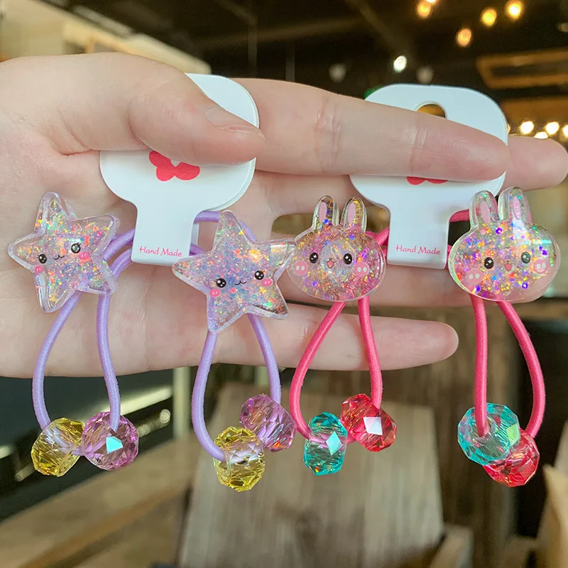 2pcs/set Kids Cartoon Rabbit Elastic Hair Rubber Bands Glitter Flower Hair Tie For Girls Cute Hair Rope Children Hair Accessoire