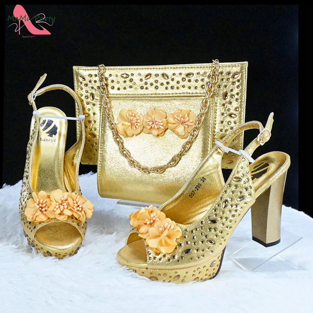 2024 Classics Italian Women Shoes and Bag Set in Gold Color Super Hihg Heels Nigerian Style Fashion Peep Toe Sandals for Wedding