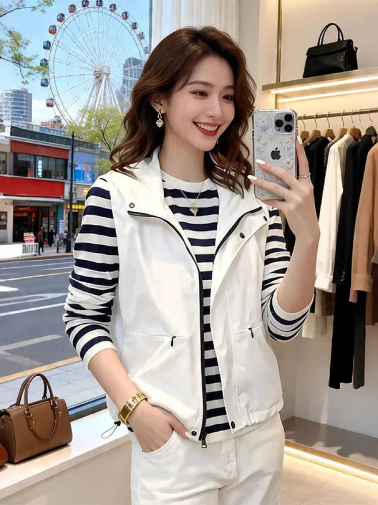

Stylish White Outerwear Layerable Loose Women's Vest Attractive Summer New Arrival Fashionable Versatile Girls' Zipper Design