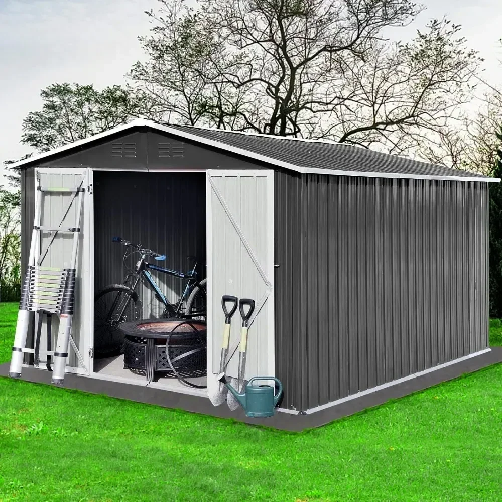 Metal Outdoor Storage Shed 10x8 FT Steel Anti-corrosion Outdoor Storage Room Dark Gray Warehouse Garden Buildings Supplies Home