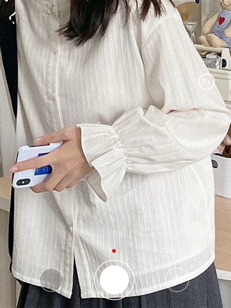 

New Chinese Style Pure Color Comfortable Button Accordion Pleat Chrysanthemum Collar Snowflake Shirt Women's Fashion Top
