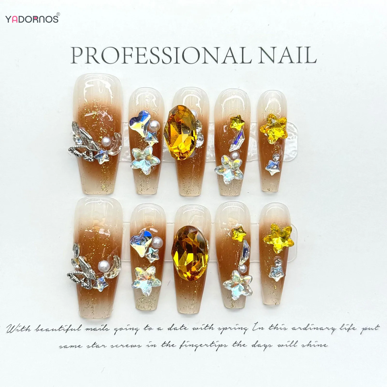 Blush Champagne Press on Nails with Glitter Diamond Butterfly Moon Star Decor Long Ballet Fake Nails Wearable False Nails Tips