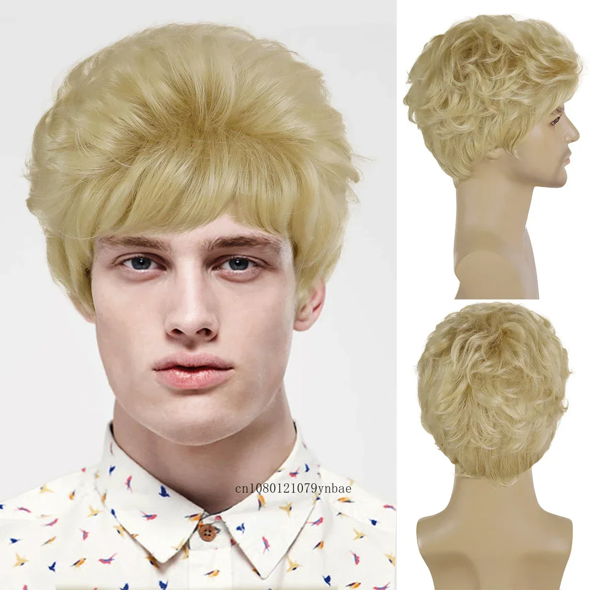 Blonde Wigs for Men Synthetic Hair Short Curly Wig with Bangs Fluffy Hairstyle Blanche Wig Cool Man Daily Cosplay Costume Party