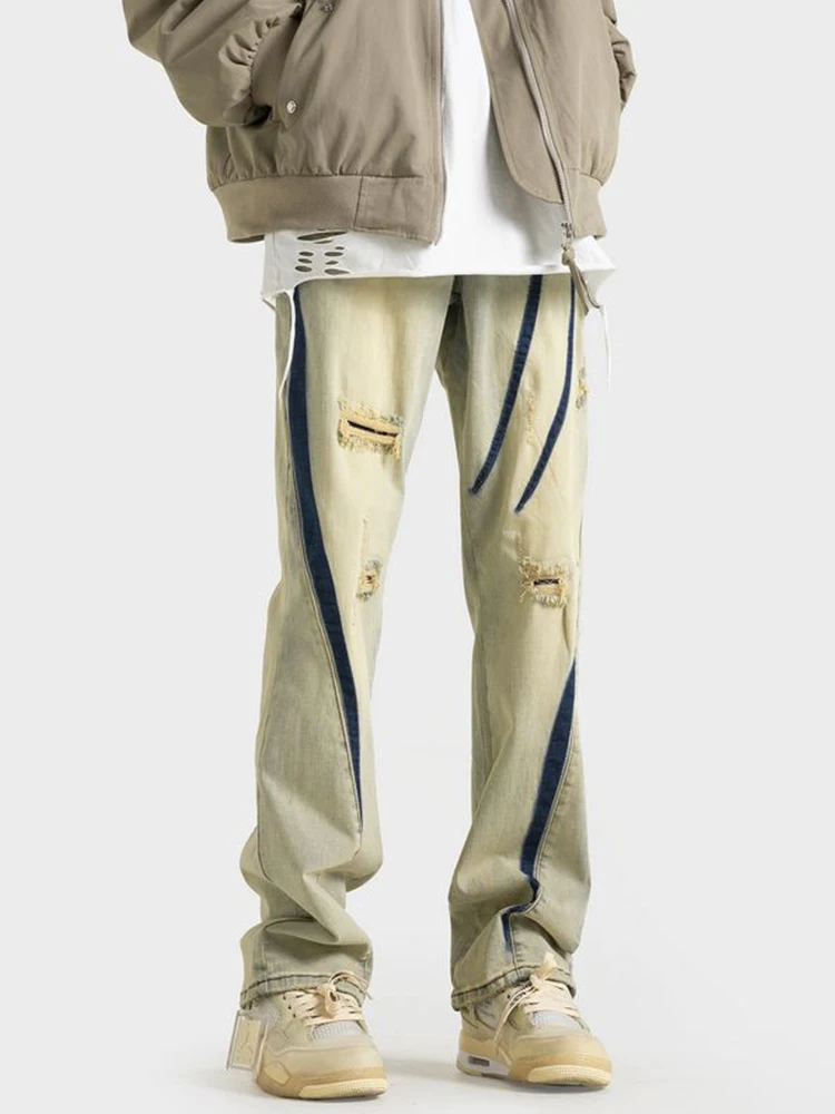 

American Sle Mud Color Ripped Straight Leg Jeans Men's Spring Autumn Oversize Cool Brand High Street Vibe Trendy Jeans