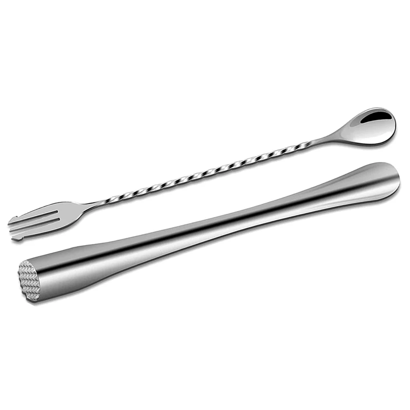 

B84B-Stainless Steel Bartender Bar Accessories 2Pcs Cocktail Muddler With Mixing Spoon Long Drink Stirrer