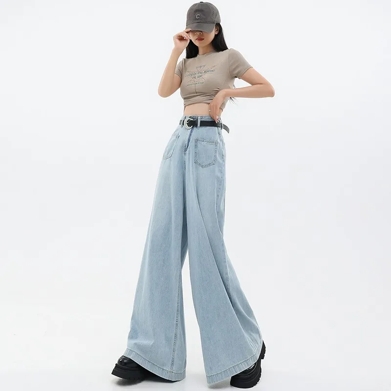 

023 New Arrival Summer Korean Style Women Jeans Cotton Denim Full Length Pants Loose Casual Button Fly Waist Wide Leg Pants V671