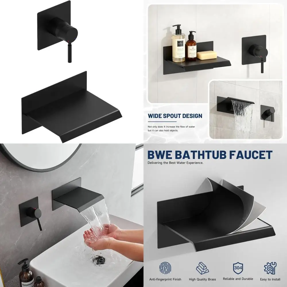 

Matte Black Single Handle Bathtub Faucet with High Flow Waterfall Spout and Rough-In Valve for Wall Mount Installation