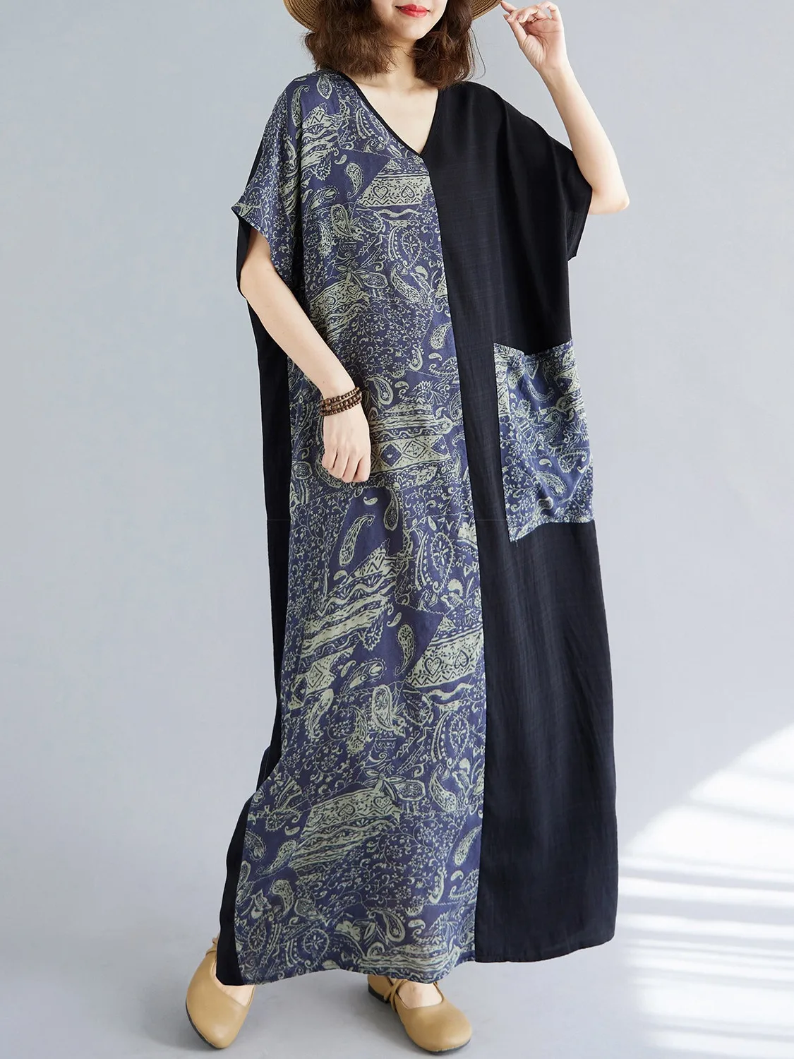 فستان طويل كاجوال بطباعة بوهيمية وتصميم مرقع بمقاسات كبيرة، فستان شاطئ بأكمام قصيرة على طراز الروب، أزياء صيفية للنساء