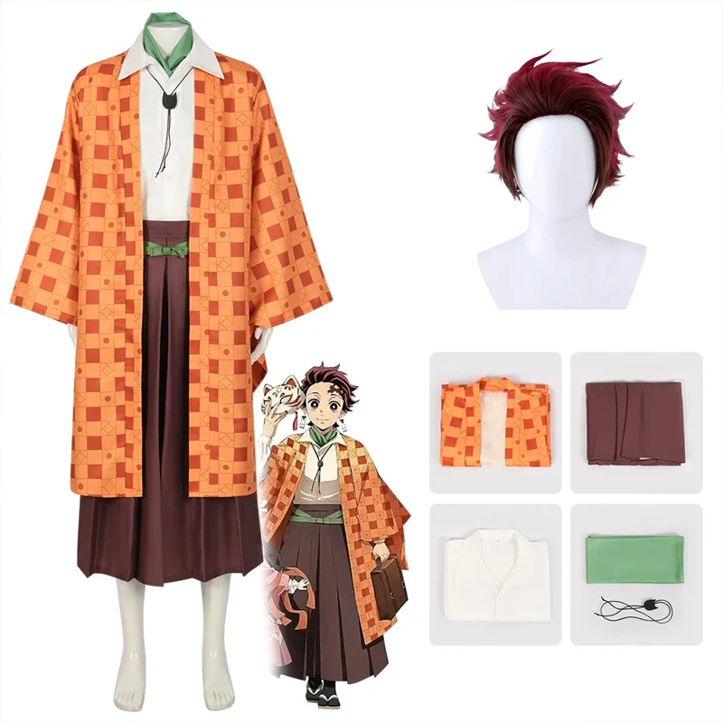 

NEW Tanjiro Kamadou Cosplay Kimono Anime Kimetsu No Yaiba Sumiko Orange Costume Halloween Cos Costume For Women Men