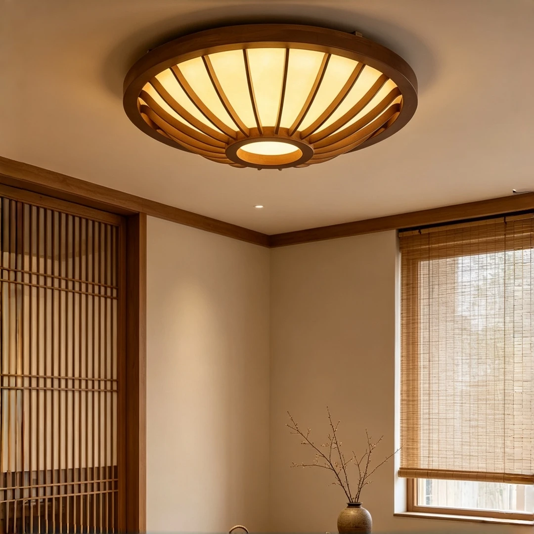 Retro Wood Flush Mount Ceiling Light Radial Carved Wooden Ceiling Lamp For Bedroom Living Room Farmhouse Asian Home Interior