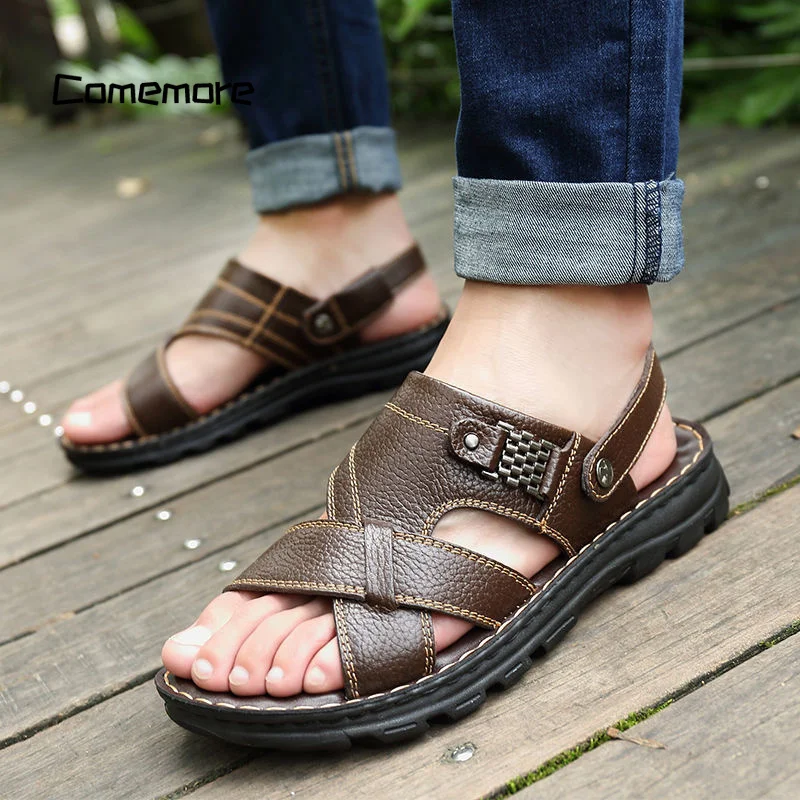 Comemore Non-slip Leather Sandal Soft Slippers Zapatos Flat for Mens Casual Shoes Sandalias Men's Sandals Beach 2023 Summer New
