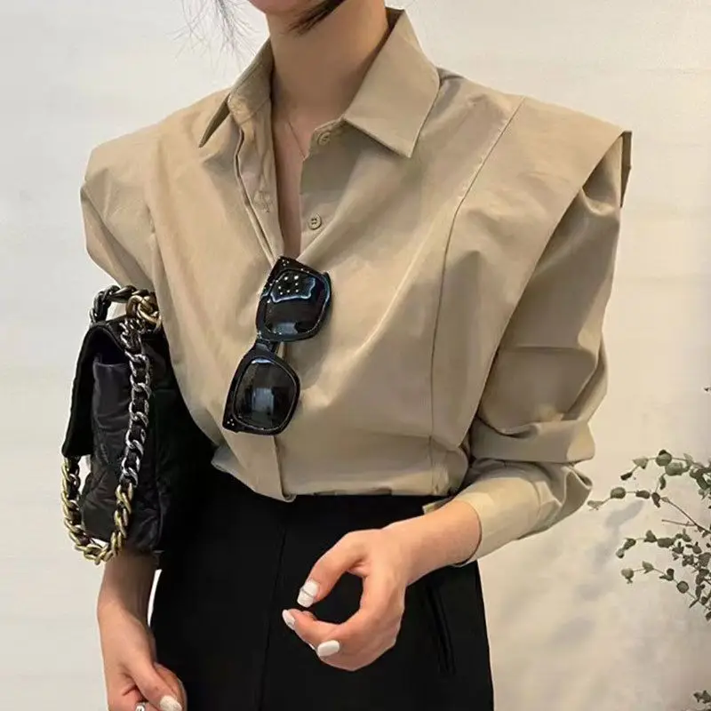 Korean Spring Vintage Women New Simplicity Lapel Collar Patchwork Ruffles Loose Long Sleeved Shirt Solid Color All-match Tops