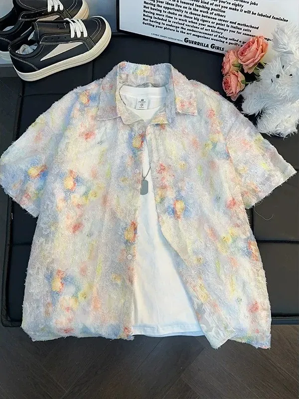 

Hawaiian Floral Hollow Knitted Short Sleeve Men's Shirt Summer Thin Collar Sun Protection American Vacation Style Outerwear