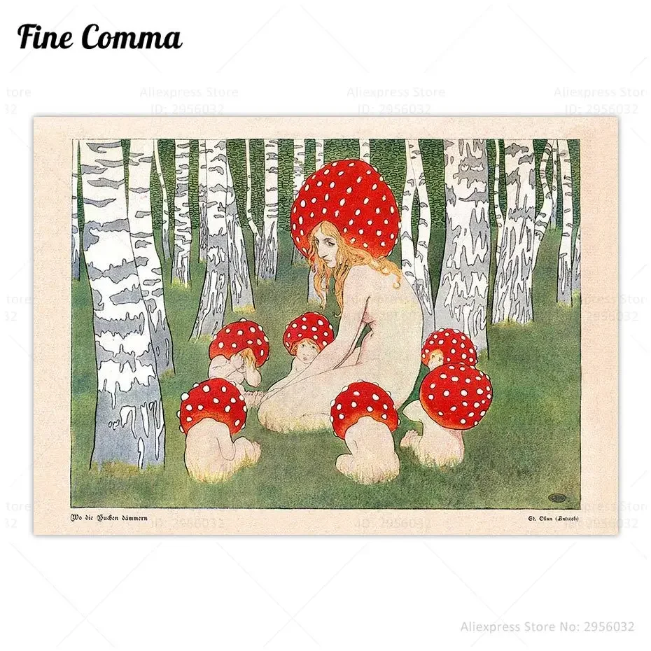 Mother Mushroom with her children Vintage art print Poster Mushroom wall art Woodland decor Antique forest Canvas Print Painting