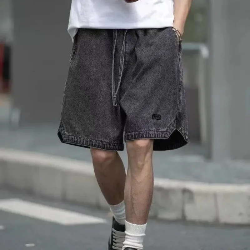 Men's American Vintage Washed Denim Shorts Embroidered Loose Straight-Leg 5 Inch Inseam Casual Shorts In Dark Grey